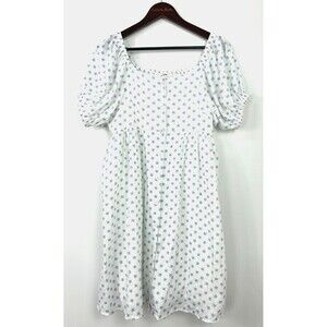 IN LOOM Women Blue Floral Midi Dress Smocked Square Neck Puff Sleeve Button Up M